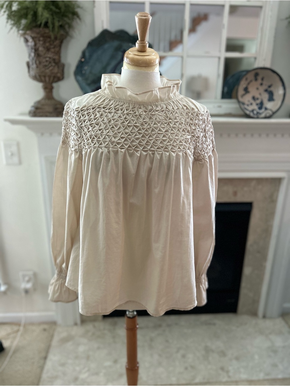 Merlette Majorelle Cream Smocked Yoke Blouse with a Elegant Ruffle Neck - Picture 2 of 12